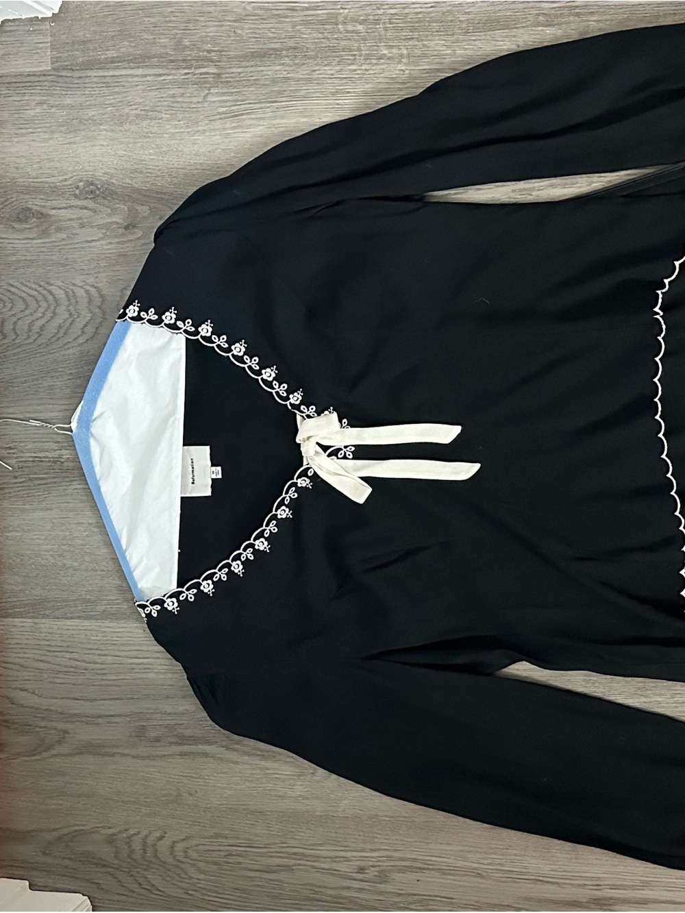 Reformation Black Top with White Embroidered Trim and Cream Tie